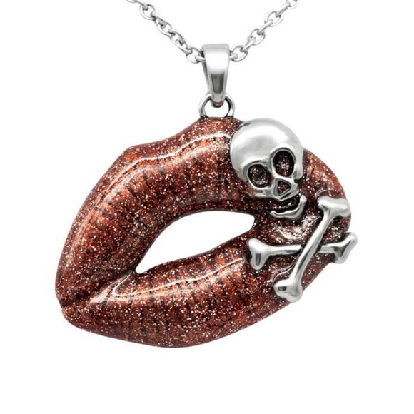 Jewelry - Toxic Love Red Glitter Lips Skull X-bones Necklace